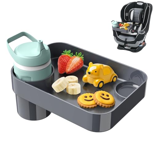 DOKNAAM Car Seat Snack Tray for Toddlers - 3 Inch Cup Holder Fits Most Sippy Cups & Straw Bottles with Dip Well Mess-Free Square Kids Travel Tray Road Trip Essentials Dark Grey