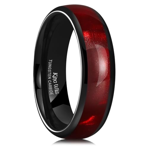 King Will 6mm Mens Tungsten Wedding Band Black Carbide Rings Red Imitation Shell Grain Design Men's Engagement Ring for Men Women Domed High Polish Comfort Fit Size 10