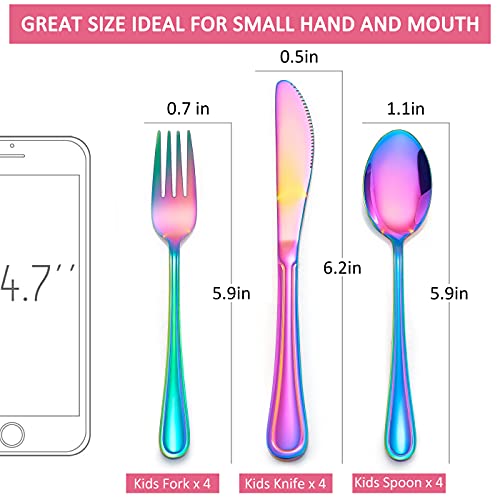 Lianyu 12-Piece Rainbow Kids Silverware Set, Stainless Steel Toddler Utensils Flatware Set, Child Cutlery Tableware Set For 4, Include Knife Fork Spoon, Mirror Finished, Dishwasher Safe #TOP6