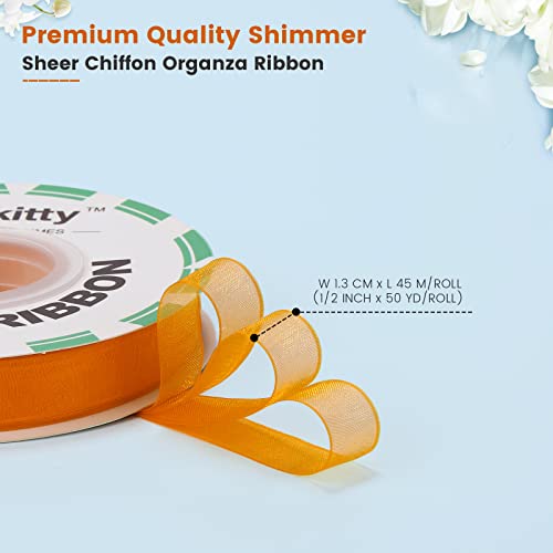 Lkitty 1/2 Inch X 50Yd/Roll Fabric Chiffon Organza Ribbon - Premium Quality Shimmer Sheer 100% Polyester Fiber Width:13Mm-(Tangerine-668#) #TOP1