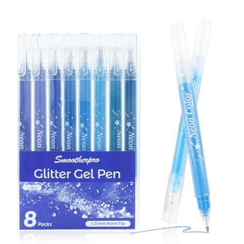 SMOOTHERPRO Bolígrafos de Gel con Purpurina, 8 Piezas, Punta 1,0 mm Azul