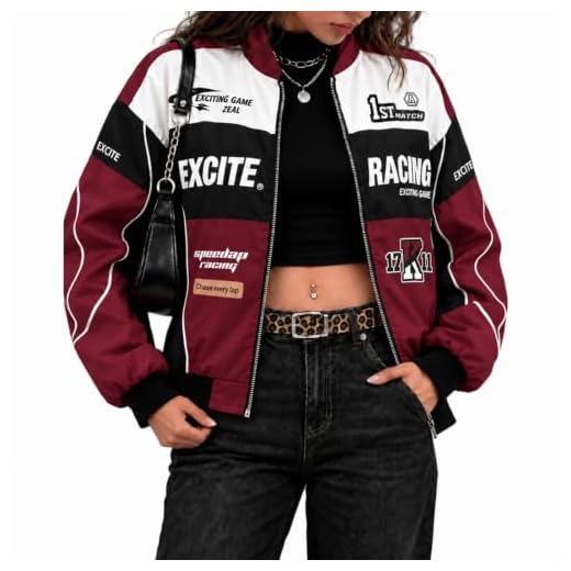 Race Car Driver Costume Women Zip Up Varsity Jacket For Women Wine | Color Block Design With Letter Print,bomber jacket women,race car driver jacket,y2k jackets