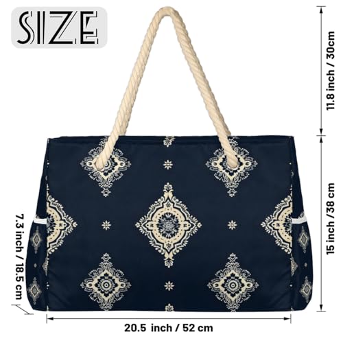 Ethnic Art Floral Beach Bag for Women Waterproof Pool Bag Sandproof Large Tote Bag with Wet Pocket Handbag with Zipper for Gym Beach Travel Work2
