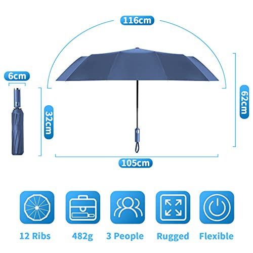 Ombrello Pieghevole Automatico, Ombrello Antivento Portatile, Ombrello Grande da Pioggia 12 Stecche Rinforzate per Uomo Donna, Diametro 105cm (Blu) - 4
