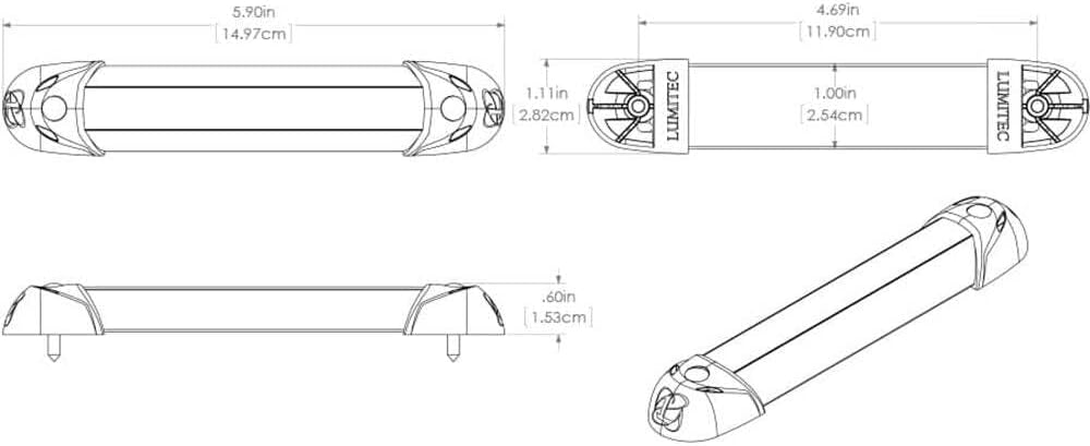 Technical drawing of Lumitec Mini Rail 2 with dimensions