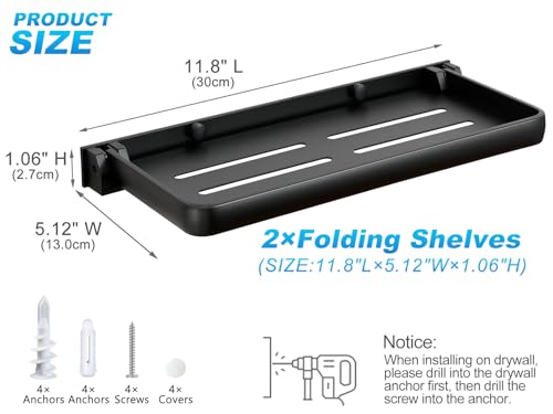 Small Folding Wall Shelf for Bathroom & RV - 90° Fold Up and Waterproof, Small Floating Metal Shelf for Laundry Room, Toilet Room & Sink Side, Aluminum, Save Space (2-Pack, Black)