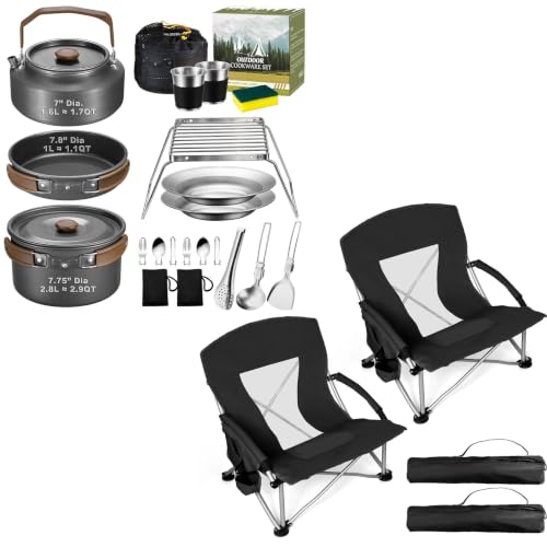 Joyfair 18Pcs Camping Cookware Mess Kit & Large Beach Chair for Adults(2 Pack), 7.8” Nonstick Camp Cooking Utensil Set (Pot, Pan, Kettle, Grill Grate), Big Outdoor Folding Camping Chairs