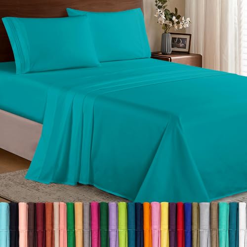 Image of Elegant Comfort Luxury 1500 Premium Hotel Quality Microfiber 4-Piece Sheet Set - Wrinkle Resistant, All Around Elastic Fitted Sheet, Deep Pocket up to 16 inch, Twin /Twin XL, Turquoise