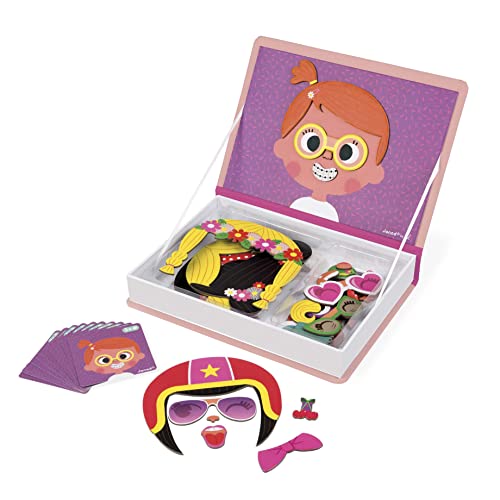 Janod - Girl's Crazy Faces Magneti'Book - Magnetic Educational Game 55 Pieces - For children from the Age of 3, J02717