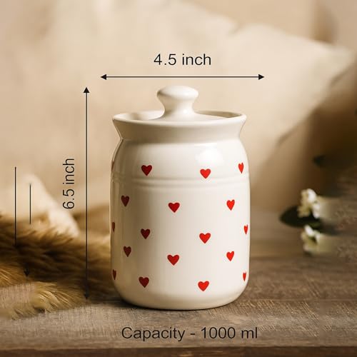 Image of D'Maiolica Ceramic 1000ml Handmade Pickle Jars (set of 2) | Handpainted Heart 1 kg Ceramic Storage Containers | Kitchen Jars for Salt (Set of 2) | Jars for Achar, Spices, Salt (Red HandPainted Heart)