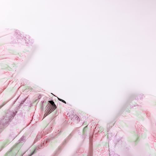 Image of Scarlet Darkness Summer Spring Split Floral Corset Midi Dress with Pockets | Floral dress with elastic sleeves, tie square neck, smocked back, 3 boned waist, left zip, side pockets, front thigh slit