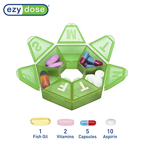 Image of Ezy Dose Weekly (7-Day) Pill Organizer, 7-Sided Medicine Planner, Green | Compact Daily Round Vitamin & Supplement Medicine Case, Convenient and Easy to Use, Travel-Friendly Container, BPA-Free