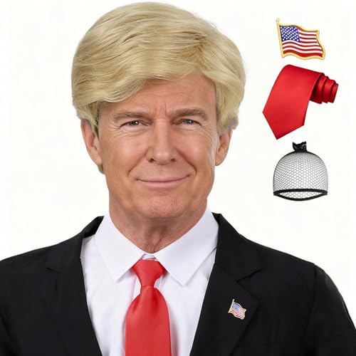 Tereshar 4pcs Set- Blonde Costume Wig+ Flag Pin+ Red Tie+ Wig Cap for Mens Short Layered Heat Resistant Synthetic Pixie Wigs Famous People Cosplay Wigs For Party Halloween or Fun