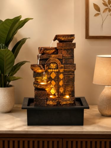 Image of CHRONIKLE Polyresin Designer Table Top Indoor Home Decor 4 Steps Waterfall Fountain with Yellow LED Lights & Water Flow Controller Pump (Size: 40 x 29.5 x 22CM | Weight: 2185grm | Color: Golden Brown)