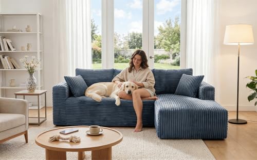 92.5" Modualr Sectional Sofa, L-Shape Corduroy Cloud Couch with Chaise, Upholstered Memory Foam Boneless Couch for Living Room, No Need Assembly - Blue(Right Facing Chaise)