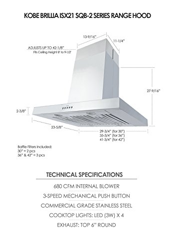 Kobe Range Hoods Kobe Isx2136Sqb-2 Brillia 36-Inch Island Range Hood, 3-Speed, 680 Cfm, Fits Ceiling Height 8'-9.5, Stainless Steel #TOP3