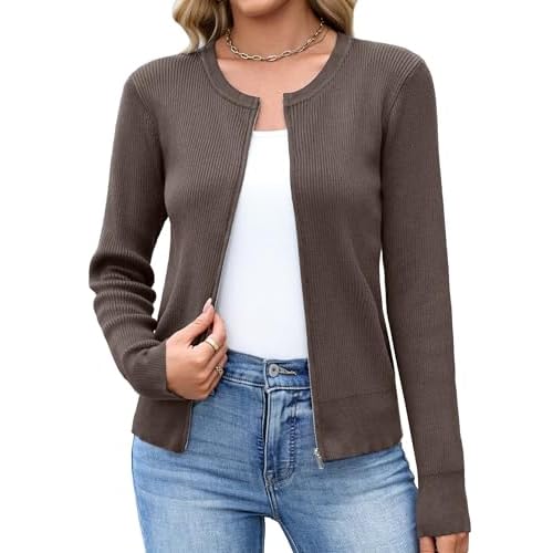 Totatuit Womens Long Sleeve Zip Up Sweater Cardigans Knitted Lightweight Zipper Jacket Brown XX-Large