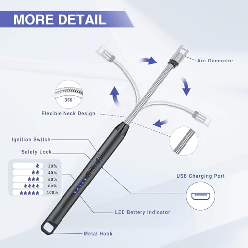 Image of Rechargeable Electric Gas Lighter for Kitchen, Lighter for Gas Stove, Candles, Pooja, 1 Year Warranty, C-Type USB, Kitchen Tools, Multi Purpose - 360 Flexible & Windproof, Black