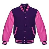 Lishow Fashion Varsity Jacket Baseball Letterman Bomber School Premium Wool Pink Genuine leather sleeves (Purple, M)