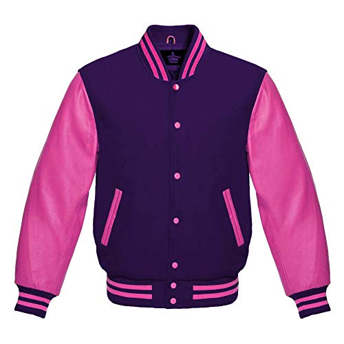 Lishow Fashion Varsity Jacket Baseball Letterman Bomber School Premium Wool Pink Genuine leather sleeves (Purple, M)