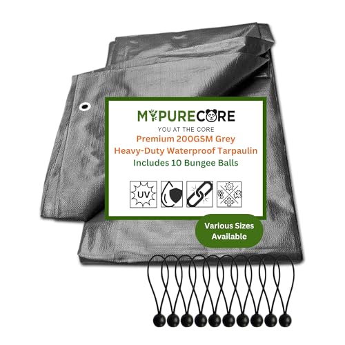 MYPURECORE Grey Heavy-Duty Waterproof Tarpaulin 200 GSM with 10 Bungee Balls – UV & Weather Resistant Tarp for Garden, Camping Groundsheet, Car, Trailer & Outdoor Use (1.5m x 2m)
