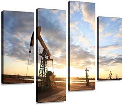 4 Panels Canvas paintings - pumpjacks, the sunset of daqing oil field oil industrys and pictures - Wall Art modern Posters Framed Ready to Hang for Home Wall Decor