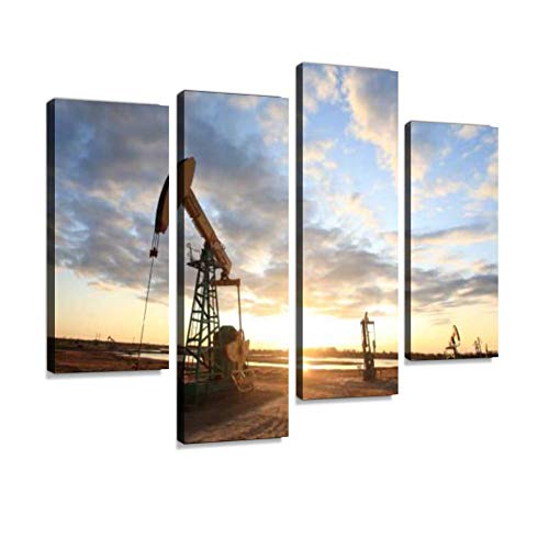 4 Panels Canvas Paintings - Pumpjacks, The Sunset Of Daqing Oil Field Oil Industrys And Pictures - Wall Art Modern Posters Framed Ready To Hang For Home Wall Decor #TOP1