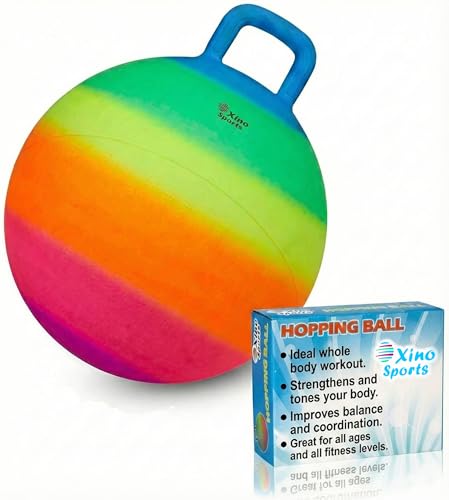 Xino Sports Hopping Ball for Kids - Rainbow Bouncy Ball with Handle, Fun Indoor and Outdoor Toy for Exercise & Play, Hopper for Jumping, Safe and Durable (18 Inch Diameter)