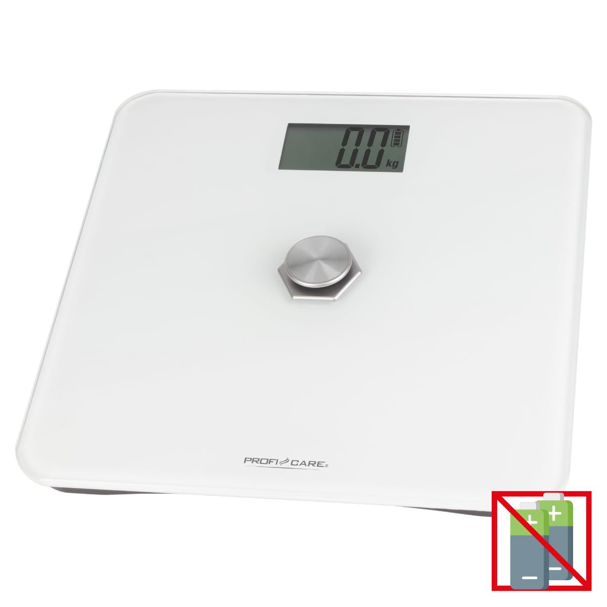 ProfiCare® Personenwaage ohne Batterie | Waage mit Messbereich von 5kg – 180 kg & großem LCD-Display | Personenwaage digital mit kinetischer Energie & Glasoberfläche | PC-PW 3112 weiß