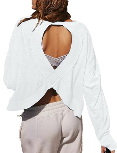 Women's Open Back Workout Crop Top Long Sleeve Casual Athletic Shirts Yoga Tee