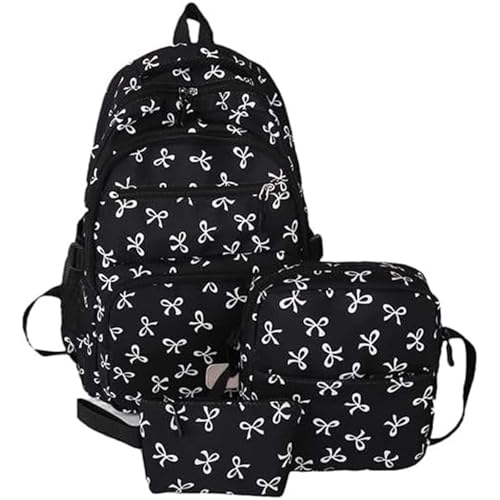 Bow Backpack for Women 3Pcs Set Kawaii Coquette Nylon Backpack Cute College Laptop Rucksack Cute Kawaii Backpack (Black)