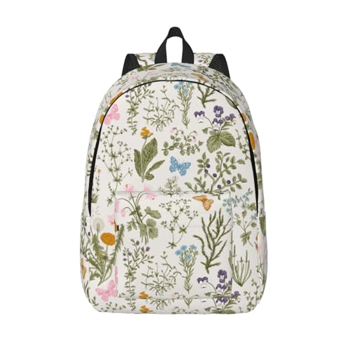 Vintage Wild Herb Floral Flower Backpack for Girls Boys Women Lightweight Canvas Bookbag Casual Daypack for Travel Outdoor Camping, 17 Inch
