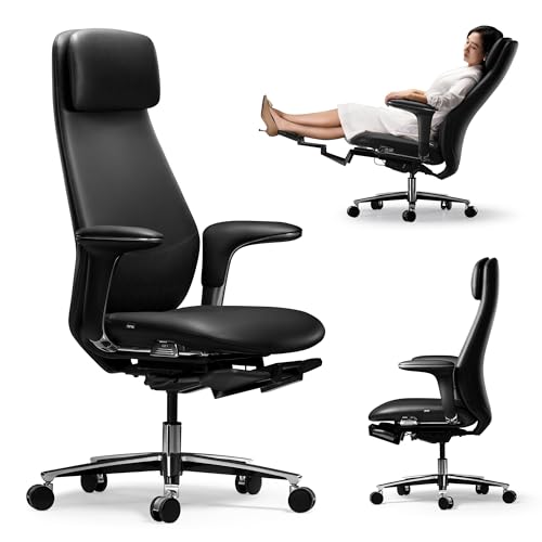 TOMU Executive Office Chair with Foot Rest, Top Grain Genuine Leather Office Chair, Ergonomic High Back Design. Real Leather, Wheels, Alumium Base. Padded Armrest, Luxury and Comfy (Black)