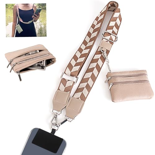 SCINYMC Clip and Go Strap for Phone with Wallet Crossbody Adjustable Phone Lanyard with Wallet Phone Strap with Zippered Pouch Crossbody Phones Lanyards for All iPhone/iPhone 17 Pro Max Khaki