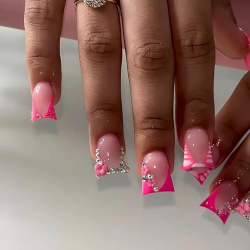 FIEONCIY Press on Nails Duck Shaped Glossy Full Cover Acrylic French False Nails with Designs Artificial Medium Duck Fake Nails with Charms Glue ons Fingernails for Women Girls(CC5)