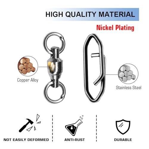 Atibin Snap Connector Fishing Swivels Stainless Bearing Ball Snap Swivels Steel Quick Change Fishing Clips Swivel Black Nickel, 50pcs, 165lbs