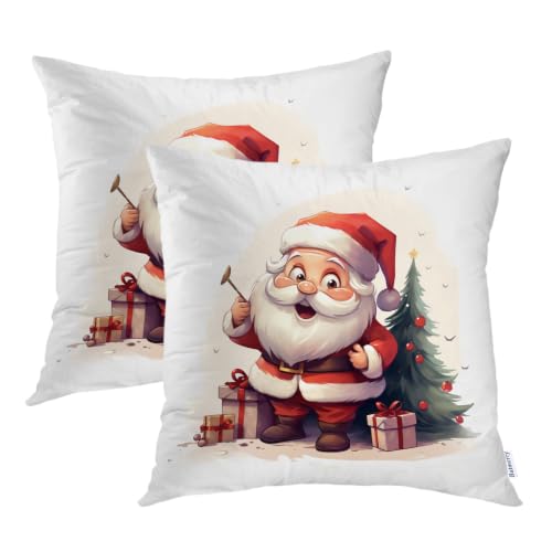 Batmerry Christmas New Year Throw Pillow Covers, Santa Claus Christmas Trees Presents Cartoons Decorative Pillow Covers Digital Printing Blended for Couch Sofa Bed Invisible Zipper 26X26 in(Set of 2)