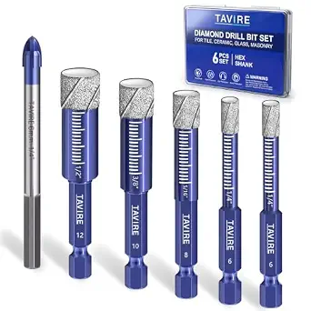 6 Pcs Dry Diamond Drill Bit Set for Tile,Ceramic,Glass,1/4",5/16",3/8",1/2"