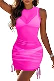 Pinup Fashion Sexy Swim Cover Up Women Hot Pink Mesh See Through Bikini Coverup S-XL