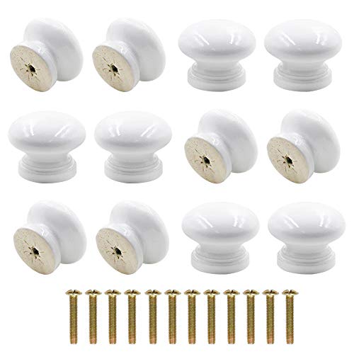 Mecion - Tiradores redondos de madera para cajones, 35 x 26 mm, 12 unidades, color blanco