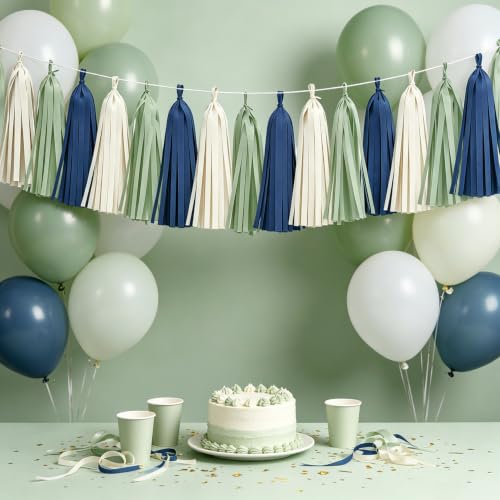 Image of Navy Sage Green Tassel Garland for Wedding Decor Baby Shower Decorations