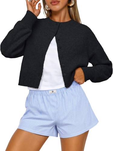 Trendy Queen Cropped Cardigan Sweaters for Women Lightweight Crop Cotton Knit Y2k Fall Outfits Fashion Clothes 2025 Black S