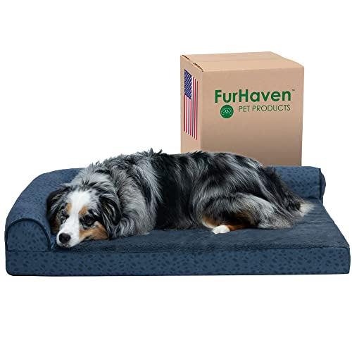 Image of Furhaven Cooling Gel Dog Bed for Large /Medium Dogs w / Removable Bolsters & Washable Cover, For Dogs Up to 55 lbs - Plush & Almond Print L Shaped Chaise - Blue Almonds, Large