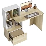 HOMCOM Bureau d'ordinateur avec bibliothèque 4 Compartiments et tiroir verrouillable à dossiers, Patins Anti Collision, Table Informatique pour Chambre, Salle d'étude, 126x50x109cm, chêne et Blanc