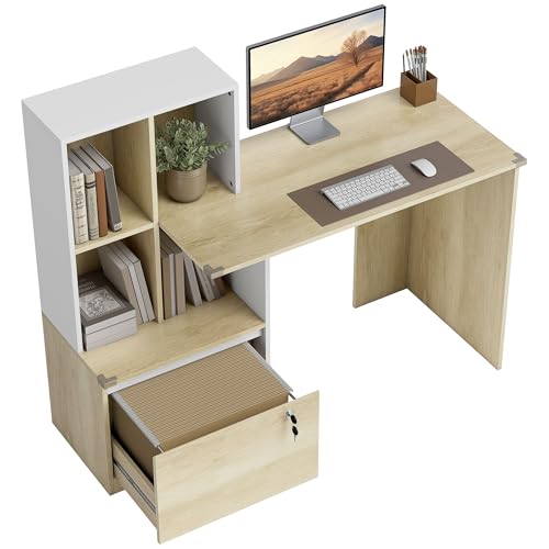 HOMCOM Bureau d'Ordinateur avec Bibliothèque, 4 Compartiments et Tiroir Verrouillable à Dossiers, Patins Anti-Collision, Table Informatique pour Chambre,...