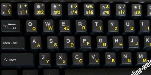 Swiss French German Keyboard Stickers Transparent Background Yellow Letters for Any Laptop Computer PC Desktop Notebook