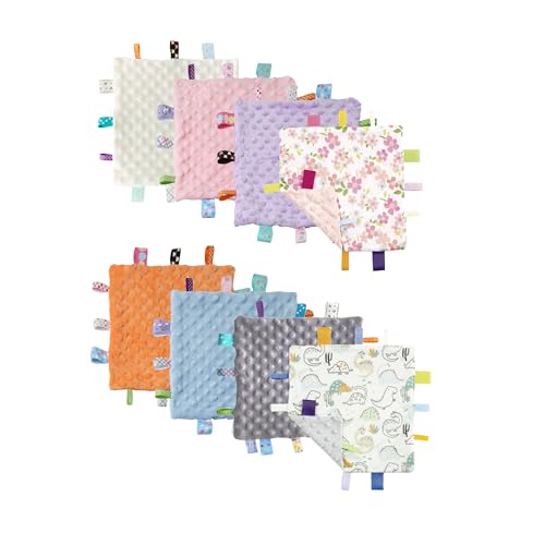 Image of CREVENT Tag Security Blankets for Babies, Soft Small Loveys for Boys, Baby Comforter Sensory Blanket, Great Gifts for Birthday Baby Shower (10 inchX10 inch 8 Taggies)