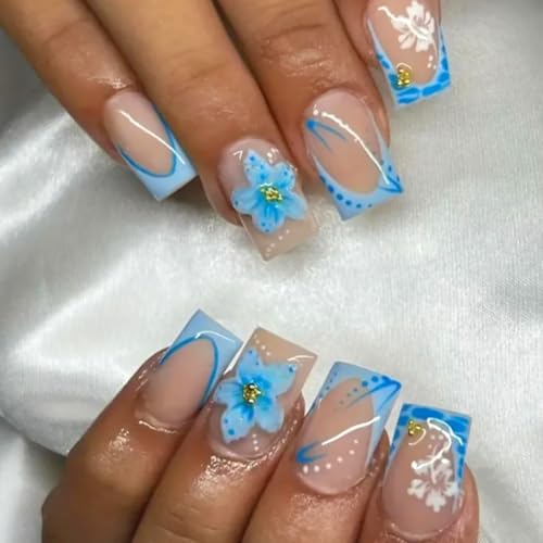 24Pcs Blue Flower Press on Nails Short Square French Tip Fake Nai...