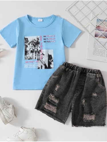 Image of Kids Toddler Girls Summer Clothes Leopard Butterfly Print T-Shirt + Belted Denim Jeans Shorts 3PCS Outfits