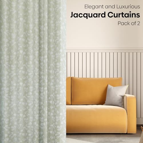 Image of haus & kinder Printed Jacquard Window Curtains 5 Feet Long Pack of 2 Window Curtains, 5 Feet Curtains for Window (Gingko Serenity, Seledon Nature 130x152 CM)